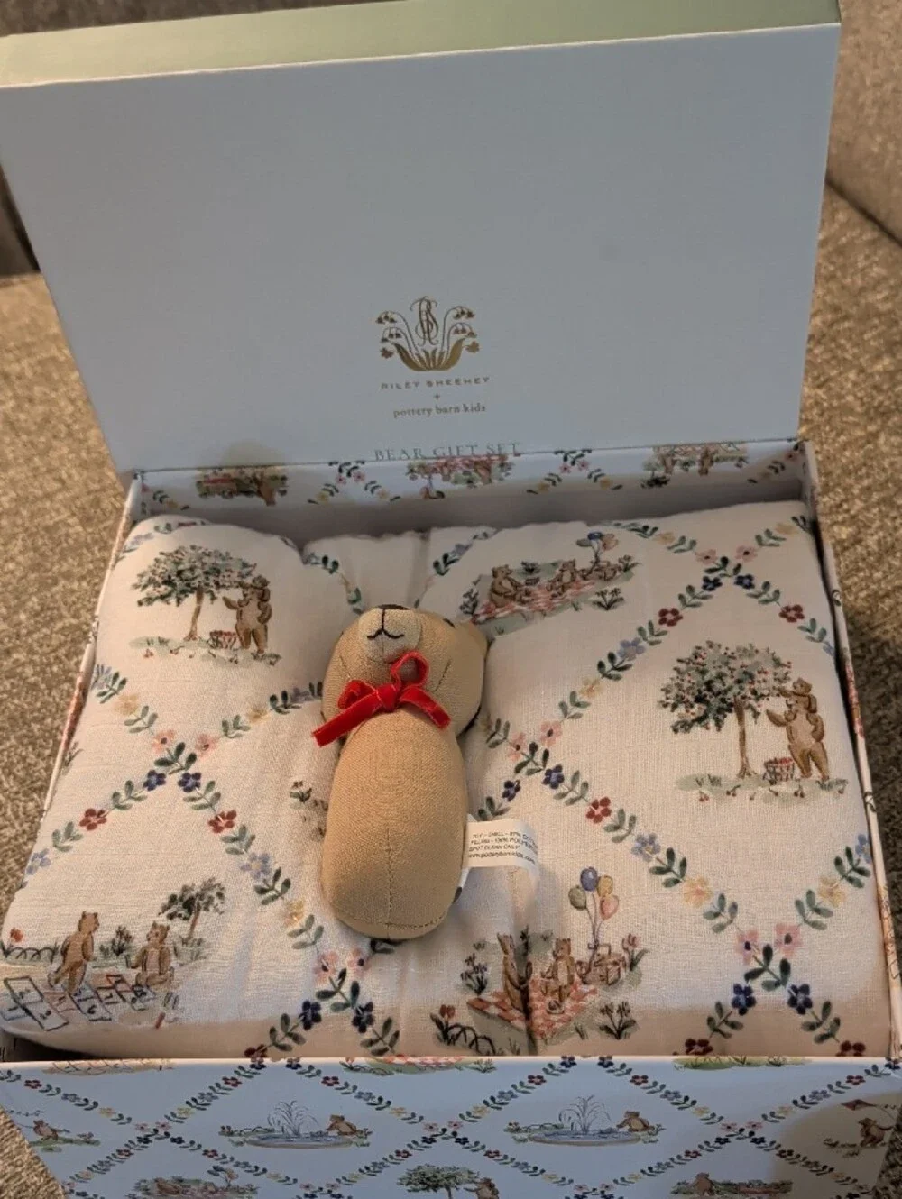 Riley Sheehey Menagerie in the Park Bears Organic Crib Sheet; Blanket & Rattle